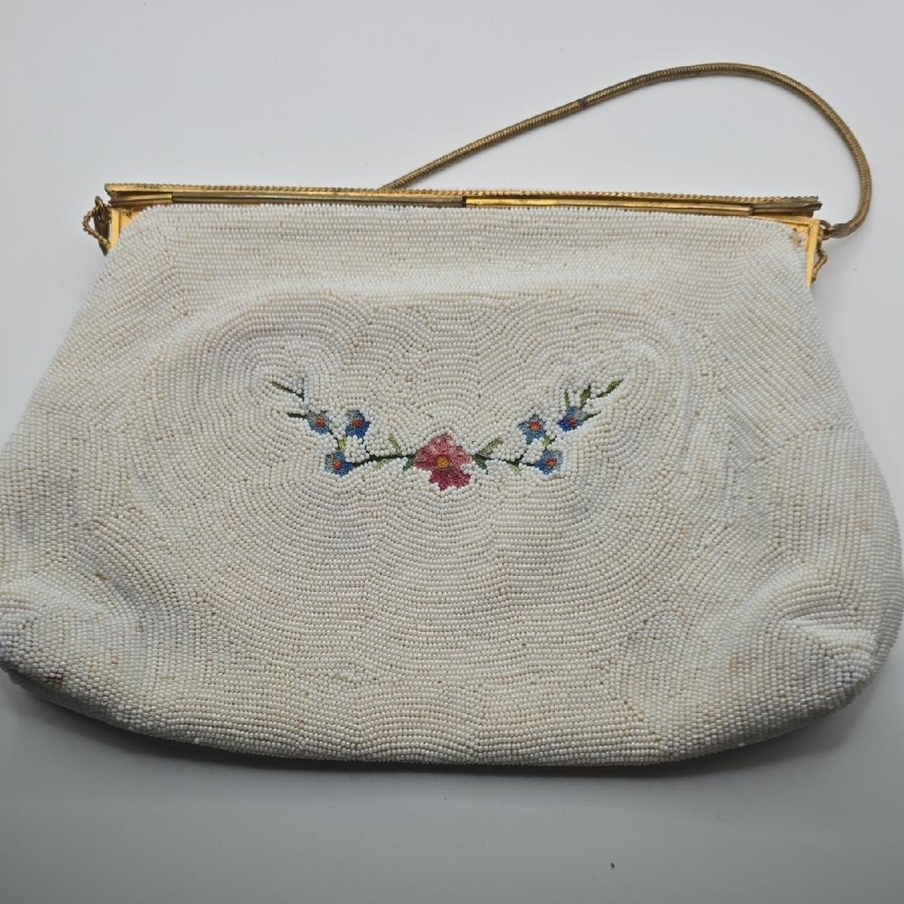 Vintage Ivory Beaded Handbag Embroidered Rose Floral Envelope Clutch French - Picture 2 of 16